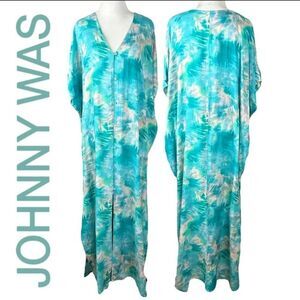 JOHNNY WAS CALME BLUE GREEN RESORT CAFTAN KIMONO DRESS SMALL MEDIUM S M L large